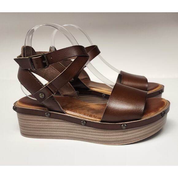 Blowfish Malibu Brown Ankle Strap Leather Wedge Sandals Size 8 - Picture 1 of 11